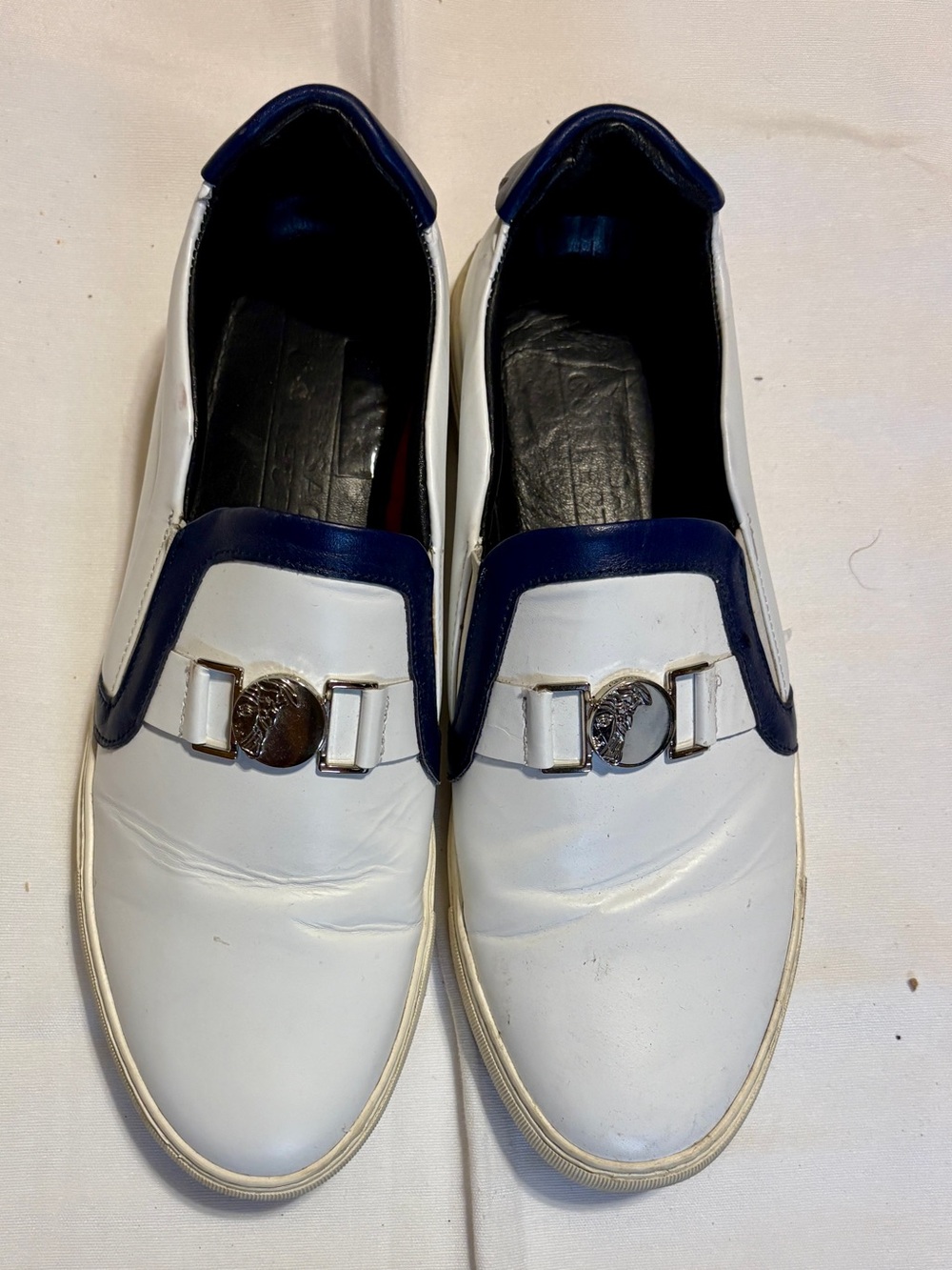 Men's White and Navy Slip-On Loafers with Silver Accent